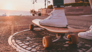 Skateboarder ocean beach palm trees - a skateboard free wallpaper