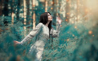 Woman white dress woods blue - the wood free wallpaper
