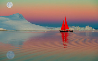 Red sailboat icebergs sunset moon - iceberg free wallpaper