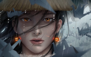 Woman strawhat orangeeyes rain tears - drop free wallpaper