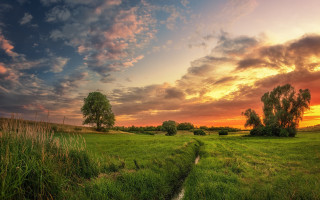 Grassy field stream sunset clouds - free summer wallpaper