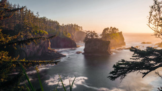 Lake sunset mountain forest trees - a sun free wallpaper for desktop