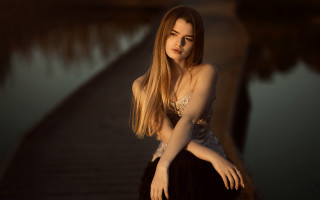 Woman dock lake bridge portrait - a dock free wallpaper