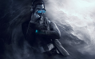 Man suit blue goggles gun - cyberpunk free wallpaper