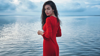 Woman red dress beach ocean 3 - ocean free wallpaper for desktop