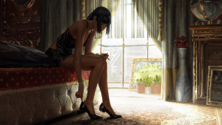 Woman sitting bed phone bedroom - a fireplace free wallpaper