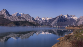 Bridge lake mountains fantasy city - a bridge in the middle free wallpaper