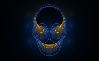 Smiling face headphones black background - pattern free wallpaper for desktop