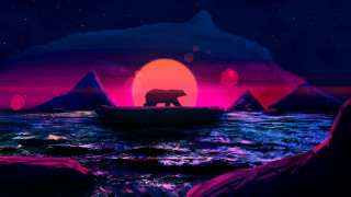 Bear boat sunset mountains moon - retrowave free wallpaper