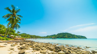 Beach pier palm trees mountain - cui bai free wallpaper for desktop