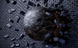Metal ball bricks debris cityscape - octane renderer free wallpaper