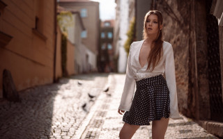 Woman cobblestone street white blouse - a cobblestone street free wallpaper