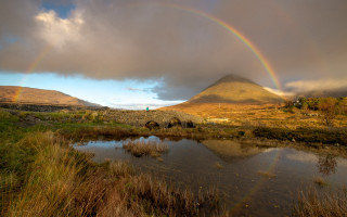 Rainbow pond field mountains cloudy - david paton free wallpaper
