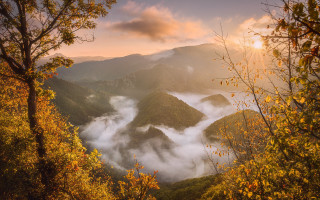 Mountain range clouds autumn leaves - a view of a mountain range free wallpaper