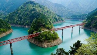 Red bridge mountain forest lake - a red bridge free wallpaper