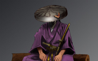 Purple robe samurai sitting portrait - a wooden stick free wallpaper