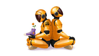 Two people orange suits flower 2 - solarpunk free wallpaper