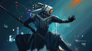 Futuristic man sword cyberpunk city - a futuristic city in the background free wallpaper