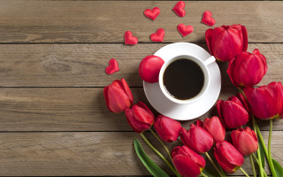 Coffee tulips wooden table hearts - red tulip free wallpaper