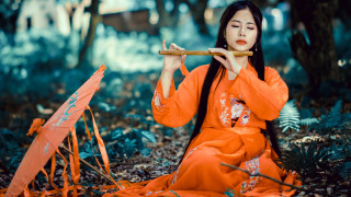 Orange dress flute forest bokeh - chen chi free wallpaper