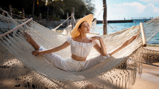 Hammock beach woman strawhat relaxing - a hammock free wallpaper