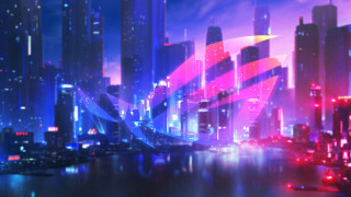 Futuristic city skyline bridge neon - synthwave style free wallpaper for desktop