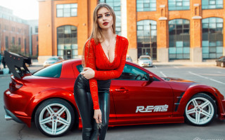 Red car woman park building - a red building free wallpaper