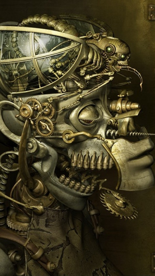 Skeleton clock head telescope background - cyberpunk art free wallpaper for mobile