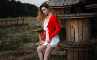 Woman red white dress wooden - a tree stump free wallpaper