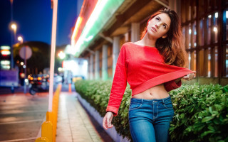 Woman red top street night - drew tucker free wallpaper