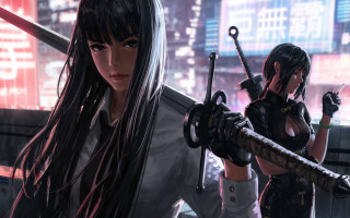 Anime girls cyberpunk city sword - a city setting free wallpaper