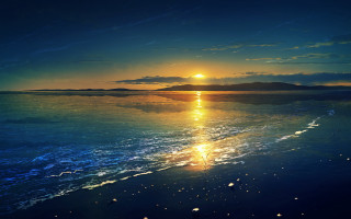 Sunset ocean boat mountain city 2 - the water and a mountain in the distance free wallpaper