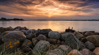 Sunset lake rocks grass boat - hdr free wallpaper for desktop