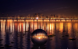 Night water bridge lights reflection - cinematic matte painting free wallpaper for desktop
