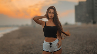 Beach woman sunset blurry longhair - alena aenami free wallpaper