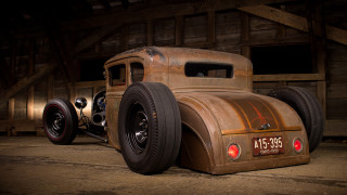 Rusty antique car barn 3d - a wooden wall behind free wallpaper