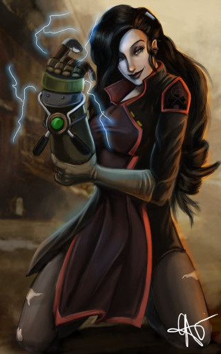 Woman dress gun lightning bolt - a building in the background free wallpaper for mobile