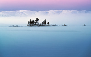 Small island lake snowy mountains - a small island in the middle of a lake free wallpaper