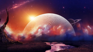 Planet river star sunset mountains - a bright sun free wallpaper