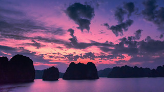 Sunset water rocks clouds mystical - free mountains wallpaper