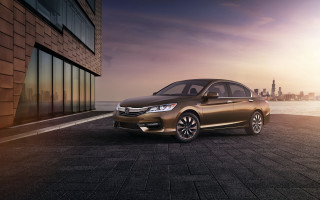 Brown honda accord city sunset - a city skyline in the background free wallpaper for desktop
