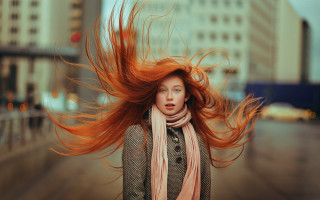 Red haired woman street wind - the street free wallpaper