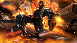 Futuristic man shield fire city - city free wallpaper