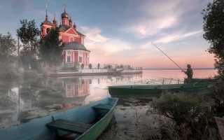 Fishing lake boat church sunset - a foggy sky free wallpaper for desktop