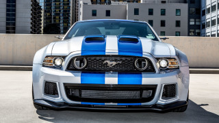Mustang blue white stripes parking - a parking lot in front free wallpaper