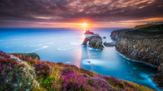Sunset rocky cliff purple flowers - a sunset over a rocky cliff free wallpaper