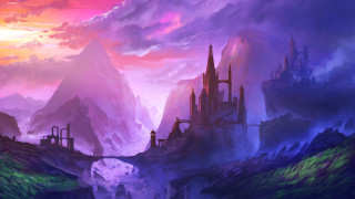 Castle mountain landscape sunset fantasy - a sunset in the background and a mountain range in the foreground free wallpaper