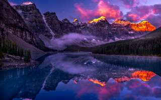 Mountain lake forest sunset fantasy - mystical free wallpaper for desktop