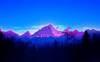 Mountain trees birds sunset purple - tree and birds free wallpaper