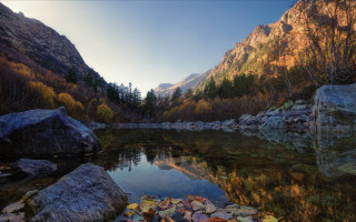 Mountain lake forest rocks sky 16 - rock and trees free wallpaper